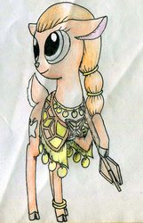Size: 480x746 | Tagged: safe, artist:smt5015, deer, pony, aiushtha, aiushtha the enchantress, clothes, cloven hooves, deerified, doe, dota 2, leg rings, short tail, smiling, solo, traditional art, weapon