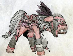 Size: 589x453 | Tagged: safe, artist:smt5015, pony, bloodseeker, dota 2, gritted teeth, hoof blades, ponified, strygvir, teeth, traditional art, tribalism, unshorn fetlocks