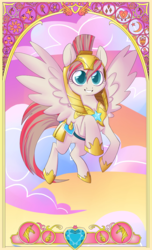 Size: 620x1021 | Tagged: safe, artist:dinkelion, angel wings, pegasus, pony, g4, armor, cloud, cloudy, colored pupils, flying, helmet, male, royal guard, sky, smiling, solo