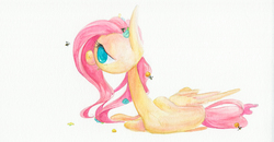 Size: 6768x3531 | Tagged: safe, artist:getchanoodlewet, fluttershy, bee, pegasus, pony, g4, absurd resolution, female, flower, flower in hair, folded wings, long neck, looking at something, lying down, no pupils, on side, open mouth, solo, traditional art, wings