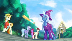 Size: 3555x2000 | Tagged: safe, artist:rublegun, berry punch, berryshine, cloudchaser, filthy rich, peachy pitt, roseluck, trixie, pegasus, pony, unicorn, g4, baseball bat, boater, butt, clothes, female, hat, high res, magic, male, mare, pajamas, plot, ponyville, smiling, stallion, trixie's hat