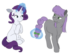 Size: 2246x1694 | Tagged: safe, artist:rue-willings, maud pie, rarity, earth pony, pony, unicorn, g4, braided tail, female, lesbian, magic, mare, missing cutie mark, ship:rarimaud, shipping, simple background, white background