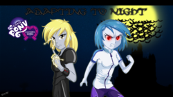 Size: 2560x1440 | Tagged: safe, artist:ngrycritic, derpy hooves, dj pon-3, vinyl scratch, bat, human, vampire, comic:adapting to night, equestria girls, g4, armor, breasts, castle, clothes, dawn knight, electricity, epic derpy, fangs, full moon, glowing, glowing eyes, gritted teeth, growling, hamon, i can't believe it's not uotapo, jojo's bizarre adventure, leggings, looking at you, moon, night, red eyes, style emulation, teeth, uotapo-ish, vinyl the vampire