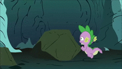 Size: 1280x720 | Tagged: safe, screencap, reginald, spike, dragon, g4, owl's well that ends well, animated, cave, chase, gem, running away, sound, spikes, thagomizer, webm