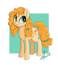 Size: 1280x1443 | Tagged: safe, artist:chrisfhey, pear butter, earth pony, pony, g4, the perfect pear, female, freckles, mare, signature, simple background, smiling, solo