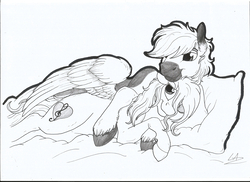 Size: 3506x2550 | Tagged: safe, artist:lupiarts, oc, oc only, oc:melodis, oc:yaktan, pony, cuddling, grayscale, high res, melotan, monochrome, pillow, simple background, sketch, traditional art, white background