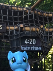 Size: 960x1280 | Tagged: safe, pony, 420, bootleg, clock, concerned, concerned pony, disneyland, entrance, indiana jones, indiana jones adventure, irl, photo, photography, toy