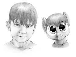 Size: 3232x2424 | Tagged: safe, artist:stallionslaughter, human, pony, bust, child, colt, grayscale, high res, male, monochrome, pencil drawing, ponified, portrait, simple background, smiling, traditional art, uncanny valley, white background