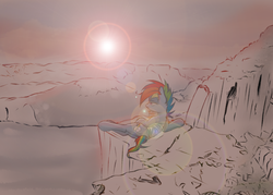 Size: 1400x1000 | Tagged: safe, artist:redheadfly, rainbow dash, pegasus, pony, g4, atg 2017, bandage, cliff, female, lens flare, mare, mountain, newbie artist training grounds, prone, river, scenery, solo, sun