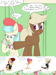 Size: 3840x5120 | Tagged: safe, artist:jake heritagu, coco pommel, scootaloo, oc, oc:lightning blitz, oc:sandy hooves, earth pony, pegasus, pony, comic:ask motherly scootaloo, g4, baby, baby pony, clothes, colt, comic, dialogue, dress, female, male, mare, measuring tape, motherly scootaloo, offspring, older, older scootaloo, parent:rain catcher, parent:scootaloo, parents:catcherloo, speech bubble, tuxedo