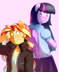 Size: 1300x1600 | Tagged: safe, artist:dai-san31, artist:daisanfar, sunset shimmer, twilight sparkle, equestria girls, g4, back to back, blushing, crossed arms, duo, female, lesbian, looking at each other, looking back, ponied up, ship:sunsetsparkle, shipping, simple background, smiling, twilight sparkle (alicorn), wings