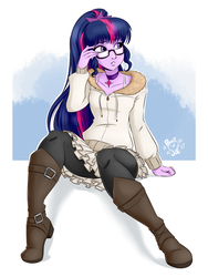 Size: 1800x2400 | Tagged: safe, artist:ponut_joe, sci-twi, twilight sparkle, equestria girls, g4, beautiful, boots, choker, clothes, cute, female, glasses, leggings, shoes, simple background, sitting, solo, sweater, twiabetes
