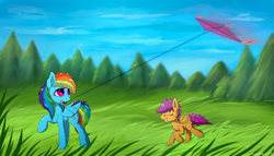 Size: 2547x1460 | Tagged: safe, artist:breakdream, rainbow dash, scootaloo, pegasus, pony, g4, duo, eyes closed, female, filly, fluffy, grass, kite, looking back, mare, mouth hold, raised hoof, scootalove, sky, smiling, tree, wind