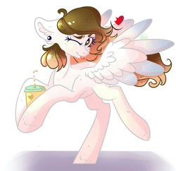 Size: 1280x1239 | Tagged: safe, artist:worldlofldreams, oc, oc only, pegasus, pony, drink, ear piercing, earring, heart, jewelry, one eye closed, piercing, raspberry, smiling, solo, tongue out, wink