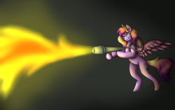 Size: 2700x1700 | Tagged: safe, artist:sketchthebluepegasus, oc, oc only, oc:lavander cavalarie, pegasus, pony, bipedal, female, fire, flamethrower, mare, solo, weapon