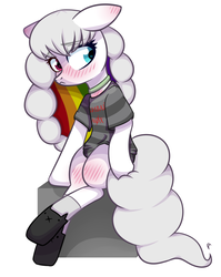 Size: 1018x1278 | Tagged: safe, artist:astralblues, oc, oc only, earth pony, pony, blushing, clothes, female, heterochromia, looking away, mare, shy, simple background, sitting, socks, solo, white background