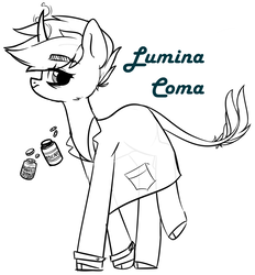 Size: 1318x1418 | Tagged: safe, artist:astralblues, oc, oc only, oc:lumina coma, pony, unicorn, clothes, female, lab coat, mare, monochrome, sketch, solo