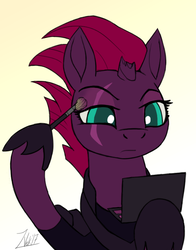 Size: 600x764 | Tagged: safe, artist:zoarvek, tempest shadow, pony, unicorn, g4, my little pony: the movie, armor, broken horn, brush, cute, eye scar, eyeshadow, female, hoof hold, horn, makeover, makeup, mare, out of character, pretty pony, pretty pretty tempest, pun, scar, simple background, solo, tempestbetes, white background