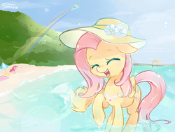 Size: 1200x900 | Tagged: safe, artist:freesia, fluttershy, pinkie pie, rainbow dash, pegasus, pony, g4, cute, eyes closed, female, floppy ears, flying, folded wings, hat, jewelry, mare, necklace, ocean, open mouth, pixiv, raised hoof, shyabetes, smiling, solo focus