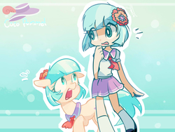 Size: 1200x900 | Tagged: safe, artist:freesia, coco pommel, earth pony, human, pony, g4, clothes, female, hair ornament, human ponidox, humanized, looking at each other, mare, pixiv, school uniform, self ponidox, shocked, socks