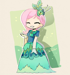 Size: 1129x1200 | Tagged: safe, artist:freesia, fluttershy, human, g4, clothes, dress, female, gala dress, gloves, grand galloping gala, hair ornament, humanized, simple background, smiling, solo