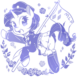Size: 1600x1600 | Tagged: safe, artist:freesia, rarity, pony, unicorn, g4, clothes, dress, female, flag, hat, mare, monochrome, simple background, solo, starry eyes, white background, wingding eyes