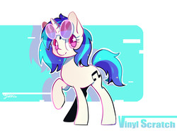 Size: 1071x800 | Tagged: safe, artist:freesia, dj pon-3, vinyl scratch, pony, unicorn, g4, cute, female, glasses, looking at you, mare, name, pixiv, raised hoof, simple background, solo, vinylbetes