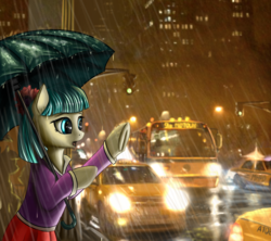 Size: 2392x2120 | Tagged: safe, artist:lightly-san, coco pommel, earth pony, pony, g4, building, bus, city, clothes, female, high res, irl, manehattan, mare, open mouth, photo, ponies in real life, rain, silhouette, solo, taxi, umbrella, underhoof
