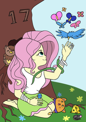 Size: 1024x1448 | Tagged: safe, artist:astralblues, fluttershy, bird, butterfly, cat, mouse, owl, equestria girls, g4, cheese, clothes, da scribble challenge, female, food, kneeling, looking up, smiling, solo