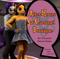 Size: 900x884 | Tagged: safe, artist:stellarator, rarity, oc, oc:cold front, pegasus, unicorn, anthro, unguligrade anthro, comic:after hours at carousel boutique, g4, 3d, blender, blender cycles, carousel boutique, clothes, comic, crossdressing, dress, girly, implied sex, not sfm, title card