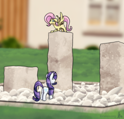 Size: 2174x2093 | Tagged: safe, artist:loneless-art, fluttershy, rarity, pegasus, pony, unicorn, g4, duo, high res, looking at each other, spread wings, stone, wings