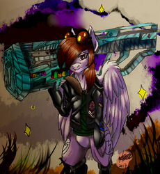 Size: 883x960 | Tagged: safe, artist:brainiac, oc, oc only, oc:liftan drift, pegasus, pony, fallout equestria, aviator goggles, bfg, bipedal, bomber jacket, branded, cigarette, clothes, female, flash fillies, hoofington reapers, mare, mechanical legs, patch, rainbow blaster, robot legs, shadowbolts, stars, wing fluff, wonderbolts