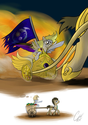 Size: 4961x7016 | Tagged: safe, artist:theravencriss, derpy hooves, doctor whooves, time turner, earth pony, pegasus, pony, g4, absurd resolution, atg 2017, cart, chariot, comic, duo, female, flag, imagination, imagine spot, male, mare, newbie artist training grounds, paper bag, stallion