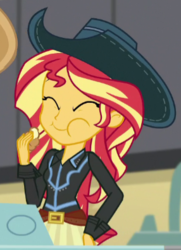 Size: 286x396 | Tagged: safe, screencap, sunset shimmer, equestria girls, equestria girls specials, g4, my little pony equestria girls: dance magic, cowgirl, cute, eating, female, food, puffy cheeks, shimmerbetes, solo