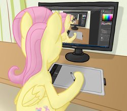 Size: 2860x2480 | Tagged: safe, artist:fluttershy_z, fluttershy, pony, g4, atg 2017, drawing, drawing tablet, droste effect, female, folded wings, graphics tablet, high res, looking at something, monitor, newbie artist training grounds, recursion, sitting, solo, table, tablet pen
