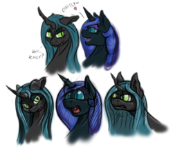 Size: 935x829 | Tagged: safe, artist:thexiiilightning, nightmare moon, queen chrysalis, alicorn, changeling, changeling queen, pony, g4, angry, colored sketch, female, happy, lesbian, redraw, ship:chrysmoon, shipping, simple background, sketch, sketch dump, smiling, text, white background