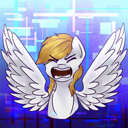 Size: 3000x3000 | Tagged: safe, artist:saphire_opal, oc, oc only, oc:vibrato, pegasus, pony, abstract background, bust, eyes closed, high res, male, screaming, solo, spread wings, wings