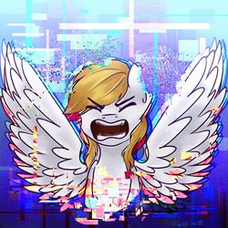 Size: 3000x3000 | Tagged: safe, artist:saphire_opal, oc, oc only, oc:vibrato, pegasus, pony, abstract background, bust, eyes closed, glitch art, high res, male, screaming, solo, spread wings, wings