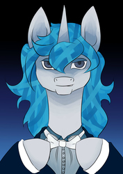 Size: 2828x4000 | Tagged: safe, artist:therussbuss96, oc, oc only, oc:gear pulse, pony, unicorn, bowtie, clothes, gradient background, horn, looking at you, male, smiling, smiling at you, smirk, solo, suit, unicorn oc