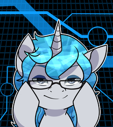 Size: 800x900 | Tagged: safe, artist:raponee, artist:therussbuss96, oc, oc only, oc:gear pulse, pony, unicorn, abstract background, eyeshadow, glasses, horn, looking at you, makeup, raised eyebrows, unicorn oc