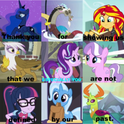 Size: 750x750 | Tagged: safe, diamond tiara, discord, gilda, princess luna, sci-twi, starlight glimmer, sunset shimmer, thorax, trixie, twilight sparkle, changedling, changeling, griffon, equestria girls, g4, cute, discussion in the comments, drama, good end, heartwarming, king thorax, meme, not you, reformed, starlight drama, starlight drama drama, subverted meme, zig-zagged meme
