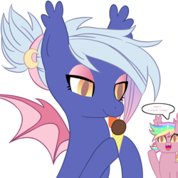 Size: 3000x3000 | Tagged: safe, artist:hawkfire, oc, oc only, oc:moon sugar, oc:paper stars, bat pony, pony, bat pony oc, chocolate, food, high res, ice cream, ice cream cone, licking, rainbow hair, speech, tongue out