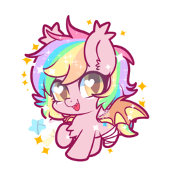 Size: 2435x2436 | Tagged: safe, artist:snow angel, oc, oc only, oc:paper stars, bat pony, amputee, chibi, cute, cute little fangs, ear fluff, fangs, heart eyes, high res, looking at you, simple background, solo, transparent background, wingding eyes
