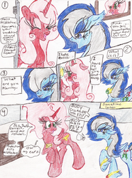 Size: 1584x2124 | Tagged: safe, oc, oc only, oc:mistletoe, oc:rossa, alicorn, pegasus, pony, alicorn oc, angry, breath, colored pencil drawing, comic, desk, dialogue, envelope, gritted teeth, hair over one eye, hoof on chest, inner thoughts, magic, messy coloring, raised hoof, smiling, talking, telekinesis, thought bubble, traditional art, yelling