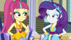 Size: 1280x718 | Tagged: safe, screencap, rarity, sour sweet, equestria girls, equestria girls specials, g4, my little pony equestria girls: dance magic, looking at each other