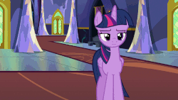 Size: 768x432 | Tagged: safe, edit, screencap, rainbow dash, spike, twilight sparkle, alicorn, changeling, dragon, pony, g4, to where and back again, animated, bench, candle, caption, cute, disguise, disguised changeling, door, fake twilight, frown, gif, glare, grin, hallway, rug, running, smiling, spread wings, tapestry, text, twilight sparkle (alicorn), twilight's castle, wings