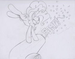 Size: 2155x1688 | Tagged: safe, artist:scribblepwn3, pinkie pie, earth pony, pony, g4, confetti, female, monochrome, one eye closed, partillery, party cannon, pencil drawing, solo, traditional art, wink