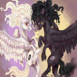 Size: 1024x1024 | Tagged: safe, artist:coconuthound, pegasus, pony, abstract background, duo, gemini, ponified, zodiac