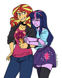 Size: 2400x3000 | Tagged: safe, artist:overlordneon, sunset shimmer, twilight sparkle, equestria girls, g4, bracelet, cellphone, clothes, duo, female, high res, holding arm, jacket, jewelry, lesbian, phone, ship:sunsetsparkle, shipping, shirt, simple background, smiling, socks, spiked wristband, thigh highs, watch, wristband