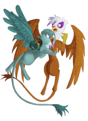 Size: 2400x3300 | Tagged: safe, artist:kenisu-of-dragons, gabby, gilda, griffon, g4, hape, high res, hug, simple background, transparent background